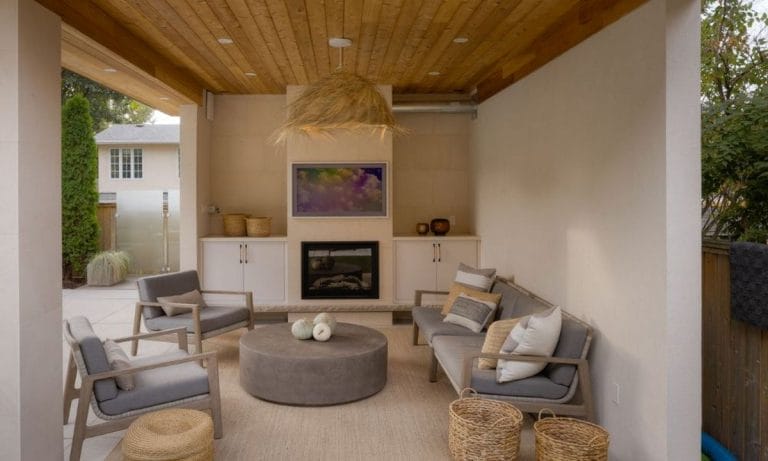 Rathburn Road, Etobicoke landscaping project features backyard gazebo with fireplace and storage