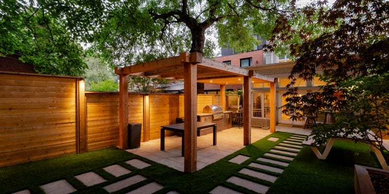 Walker Ave, Toronto landscaping project featuring new fence installation, shed and gazebo build by M.E. contracting