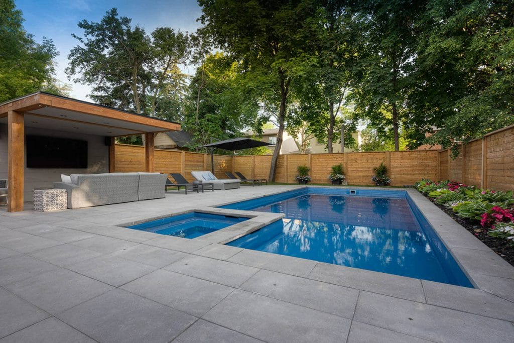 Complete Backyard Toronto Landscape Design & Fiberglass Pool Installation Project; Featuring Woodworking Gazebo & Privacy Fence