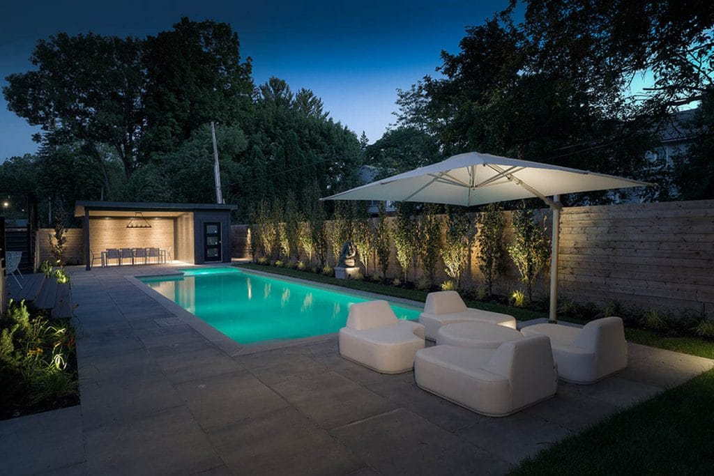 Complete Backyard Toronto Landscape Design Project; Featuring Concrete Pool Installation with Lighting Features, Privacy Fence, Interlocking & Gazebo by M.E. Contracting