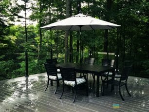 PVC deck with gazebo, aluminum railings with tempered glass and stainless steel clips