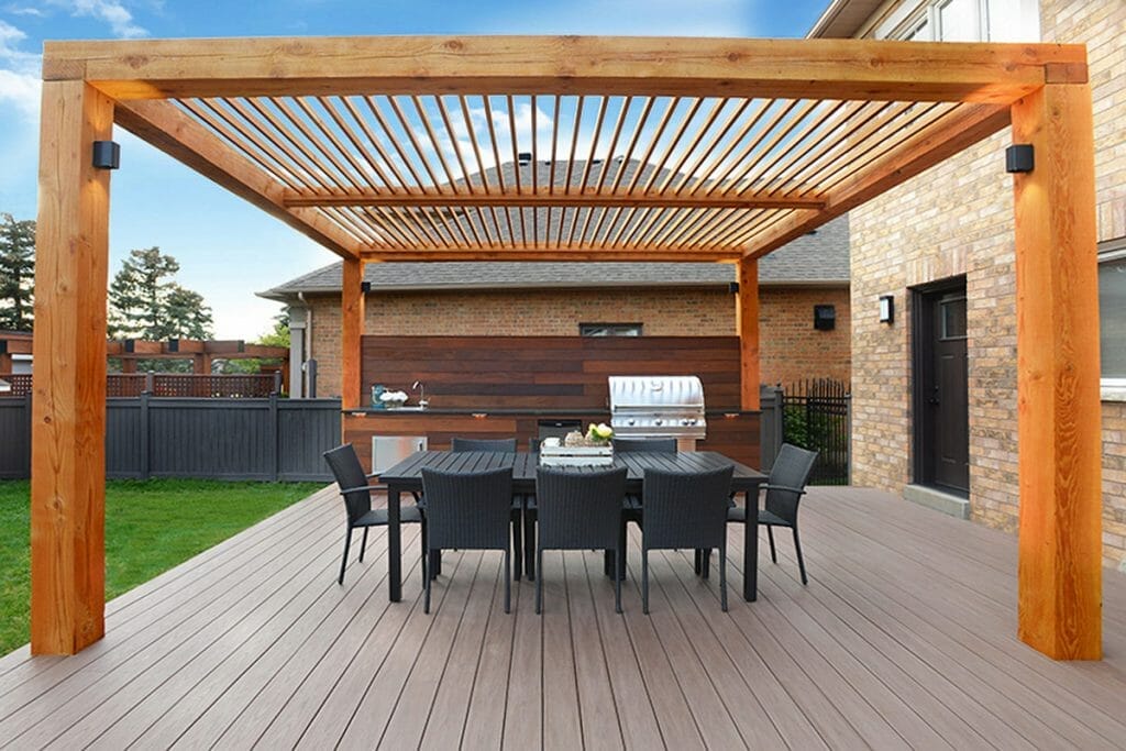 Toronto Landscaping Company, Decking & Woodworking Project; Featuring Pergola, Composite Decking, PVC Privacy Fence & Outdoor Kitchen.