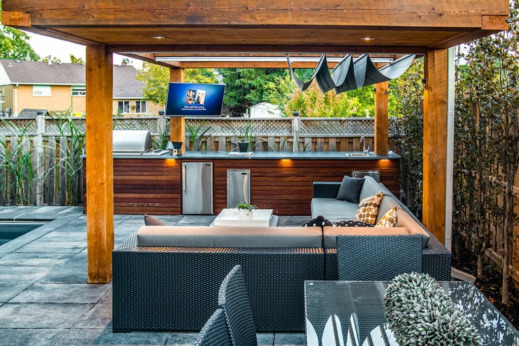 Toronto Woodworking & Landscape Design Project ; Featuring Pergola & Outdoor Kitchen by M.E. Contracting.