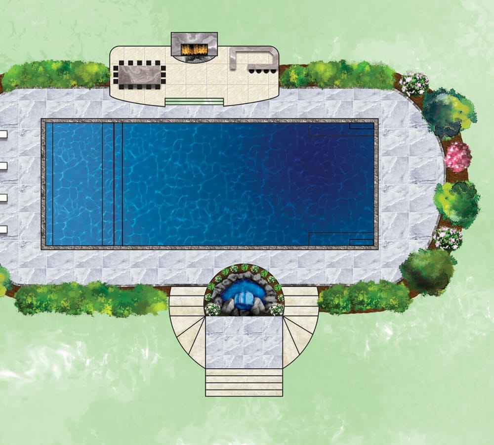 Landscape architect 3D rendering of Pinnacle Fiberglass pool