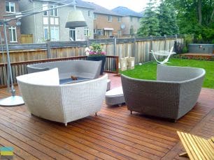 Landscaping, pressure treated deck, aluminum railings, outdoor furniture